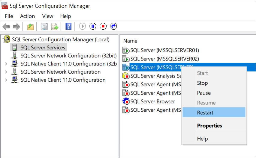 Restarting the SQL Server Configuration Manager