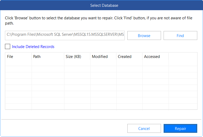 Browse file in Stellar Repair for MS SQL software