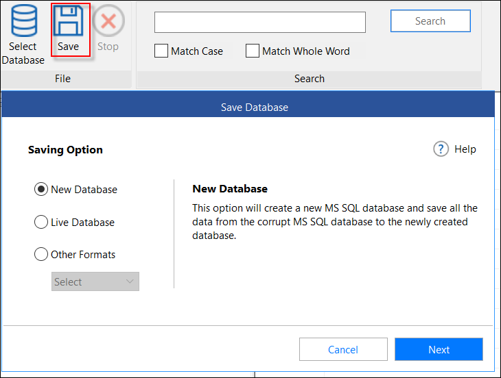 Save database in repair process with Stellar Repair for MSSQL interface