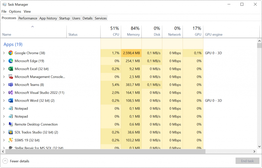 Apps in Task Manager