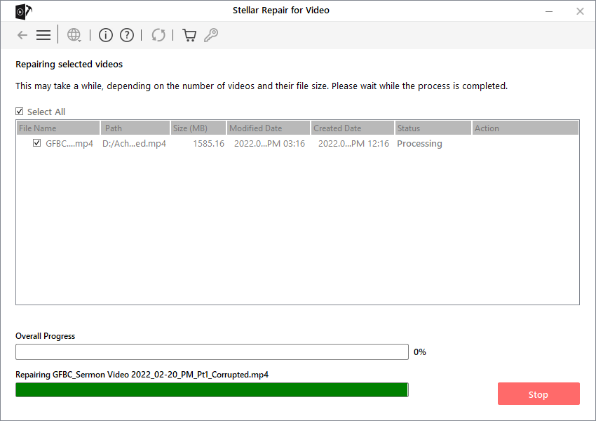 Stellar Repair for Video- Repair progress