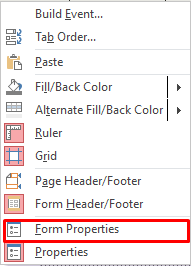 Form Properties Option