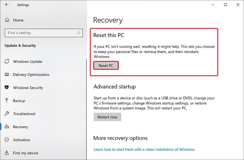 click on reset this pc to fix valorant 1067 error