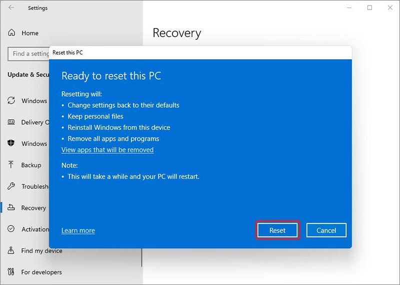 click reset to reset the pc for fixing van 1067 error