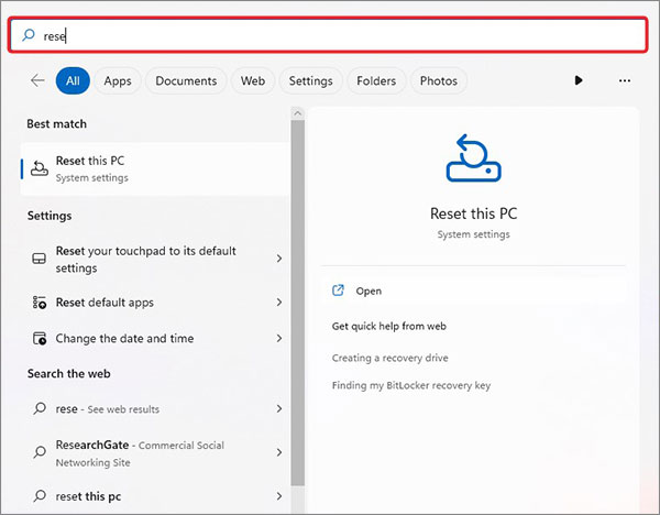search for reset this pc