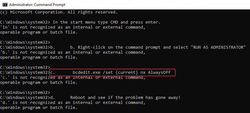 run-bcdedit.exe -set-current-nx-AlwaysOff-command