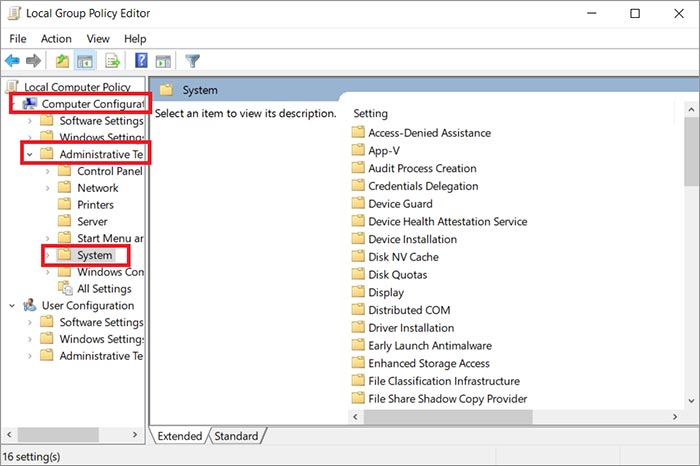 navigate to "Computer Configuration" > "Administrative Templates" > "System."