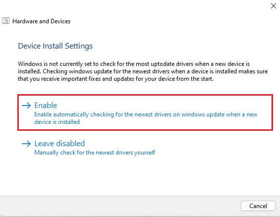 klicken Sie auf Aktivieren, um automatisch nach den neuesten Gerätetreibern auf Windows Update zu suchen.