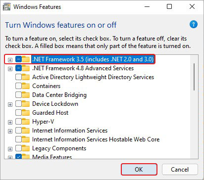 change .NET framework settings to resolve the 0x800F081F error