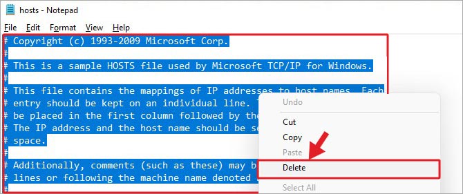 select-everything-in-the-hosts-file-and-click-Delete