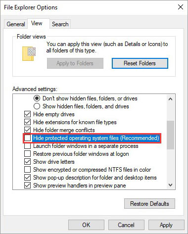 deselect-Hide-all-protected-system-files-recommended