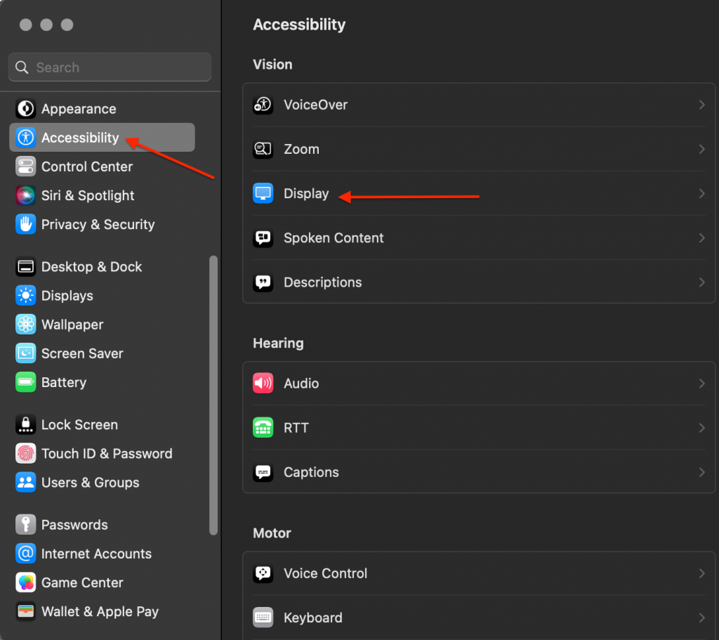 Apple logo > System Settings > Accessibility > Display