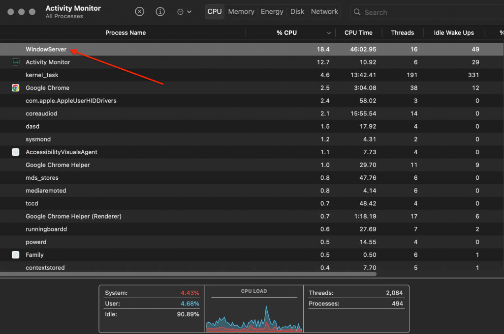 Finder > Applications > Utilities > Activity Monitor > CPU > WindowService