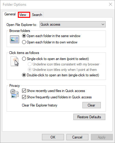 In Folder Options Click On View