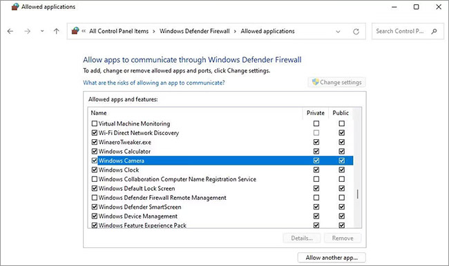 allowed application in Windows Defender firewall