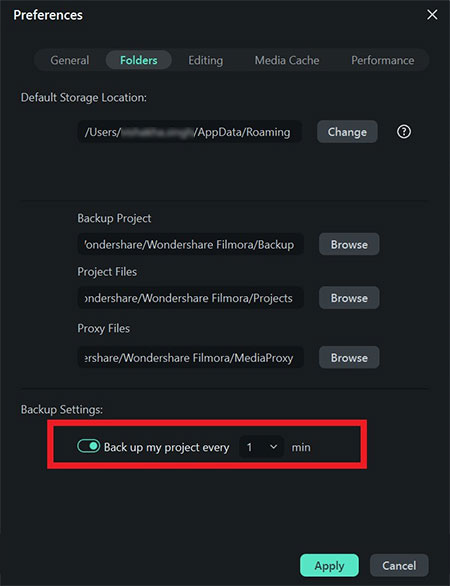 Fimora backup settings