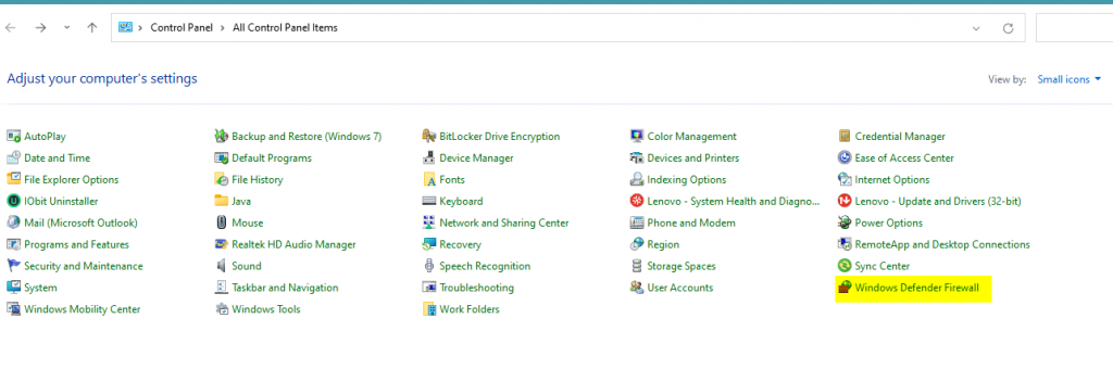 Open the Windows Control Panel and navigate to Windows Defender Firewall