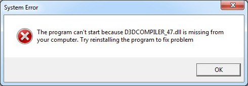 This is how the d3dcompiler_47.dll is missing error message looks on a windows pc when you try to launch an application.