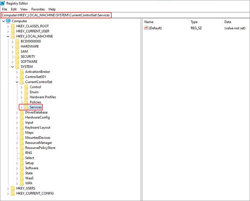 locate the services folder in the registry editor