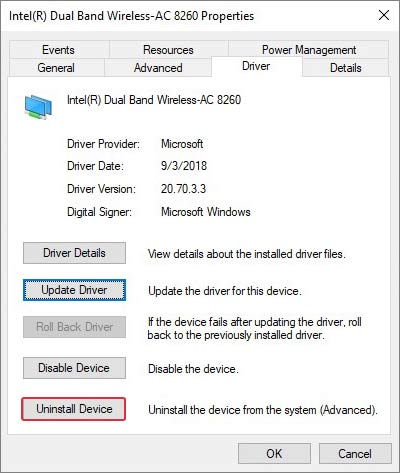 uninstall the driver to fix the Your Computer Appears to be Correctly Configured, but the Device or Resource (DNS server) is not Responding error message