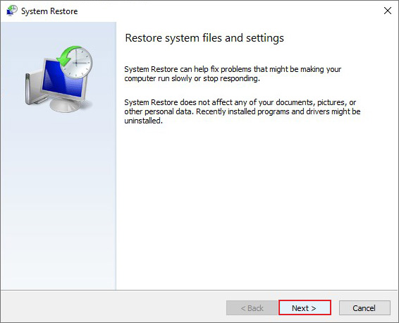 click next to proceed with system restore