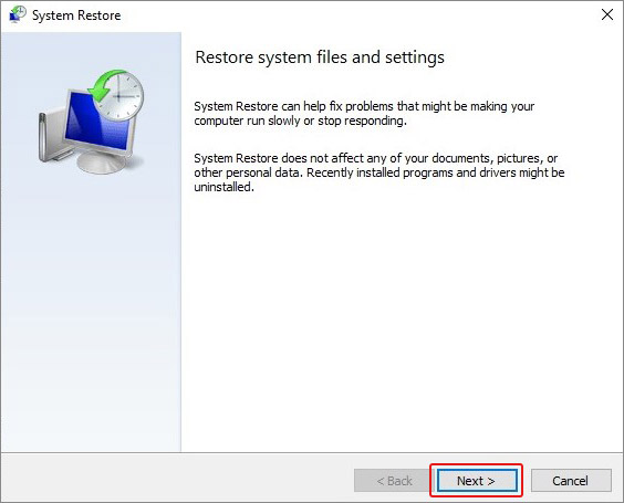 click on next to proceed with system restore