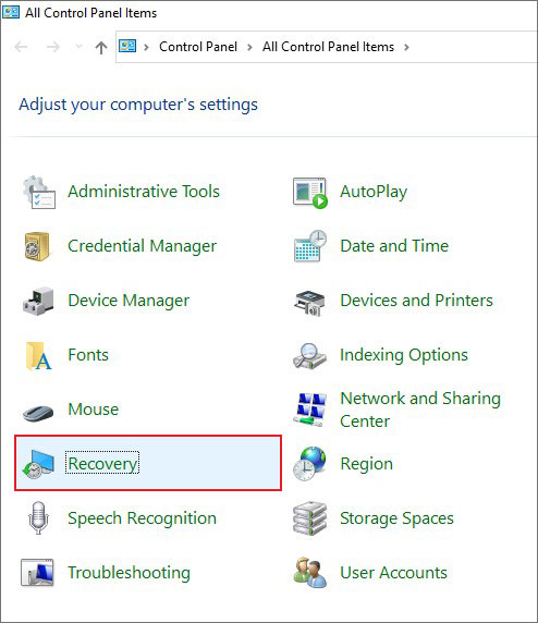 open control panel and click on recovery