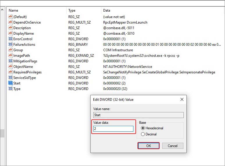 change the value of rpcss registry to fox the rpc server is unavailable error