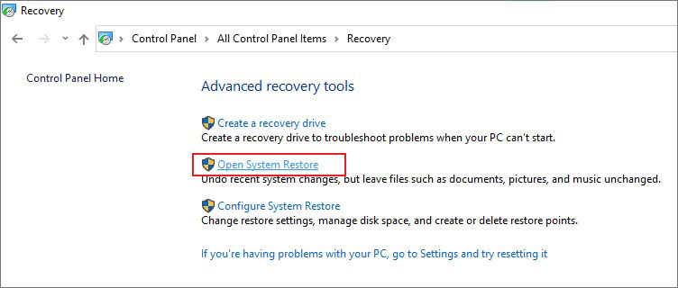 click on open system restore option