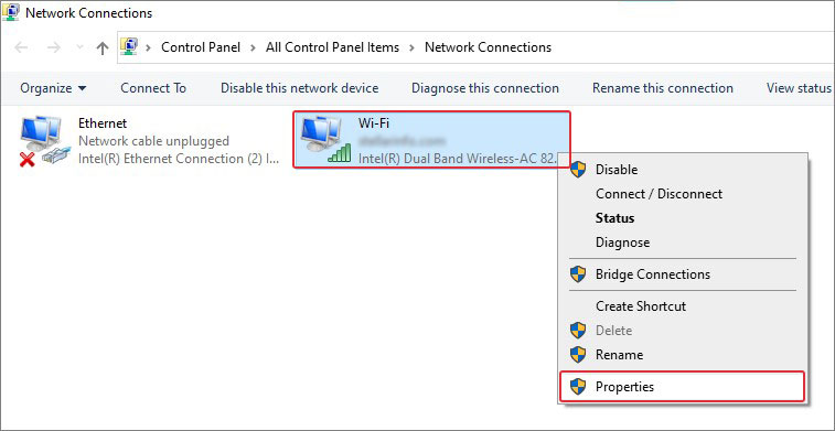 open properties of the network device to change the dns server