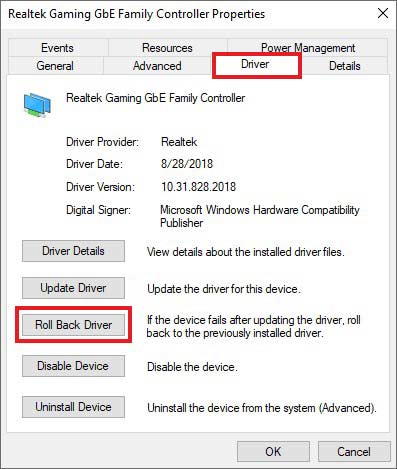 select-ROll-back-driver-on-Drivers-Tab