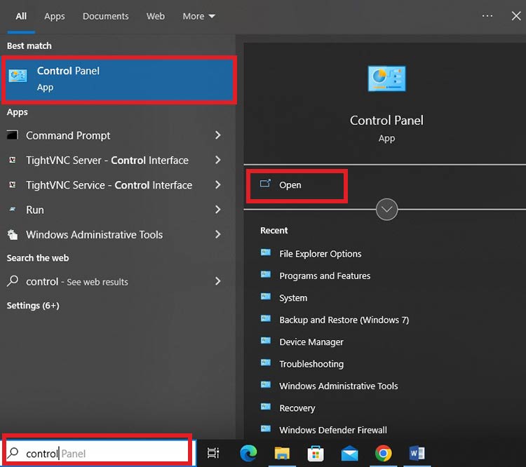 open control panel