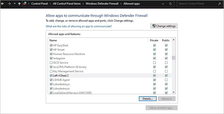 allow apps through firewall in control panel