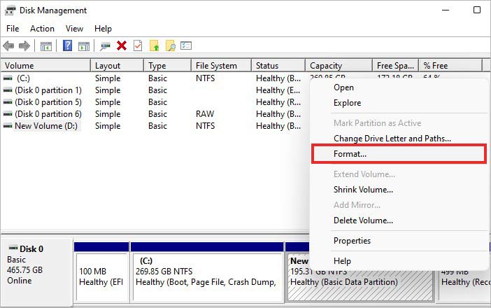 format hard drive from disk management