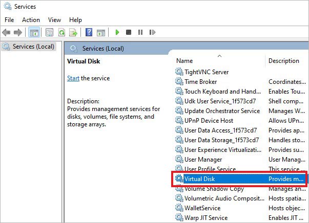 locate Virtual Disk in Services window