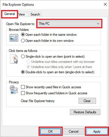 change the file explorer opening settings to resolve the system call failed error message