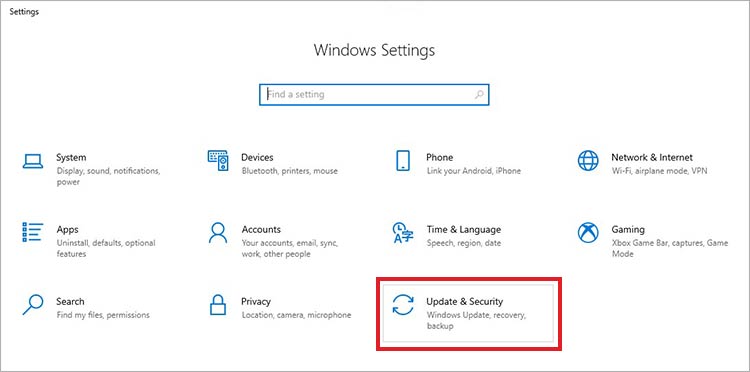 click on update and security in windows settings