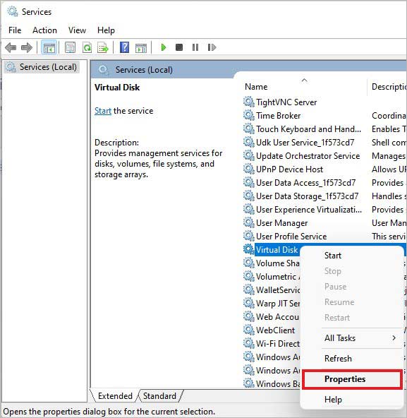 open virtual disk properties