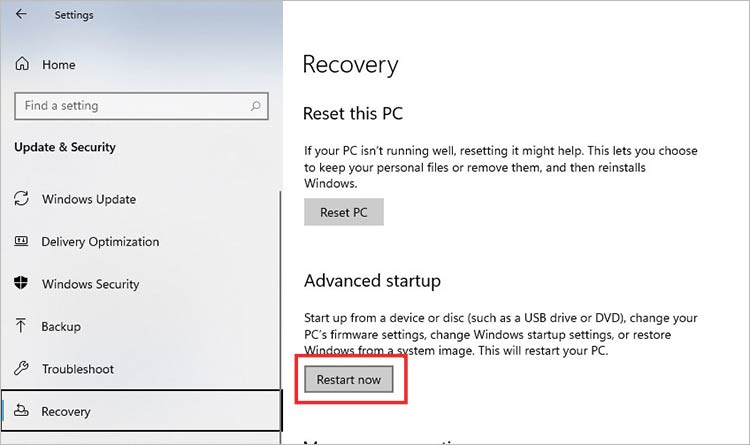 select Restart now under Advanced Startup