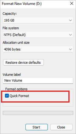 select quick format and start