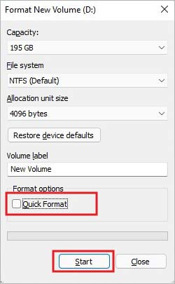 unselect quick format option and click Start 1