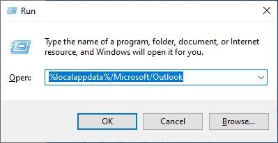 Click the Browse button and choose the PST file linked to your profile. The PST file is located in the %localappdata%/Microsoft/Outlook folder.