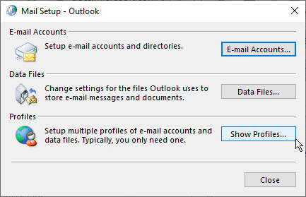 In the Outlook, navigate to User Accounts > Mail > Show Profiles > Add.