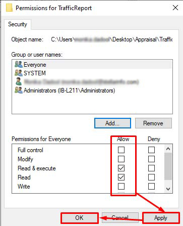 Allow all Permissions for ‘Everyone’ by checking the boxes under Allow