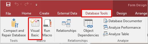 Accessing Visual Basic in the Affected Database via Database Tools Tab.