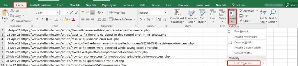 Excel file: Navigating to Home, accessing Format > Hide & Unhide.