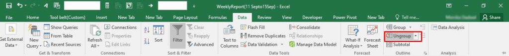 Excel file navigation: Accessing the Group section

