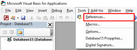 Opening Access VBA Editor with Alt+F11 and Navigating to 'References' in Tools Menu.