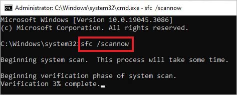 execute sfc scannow command to fix system file corruption causing no such interface supported on your windows pc