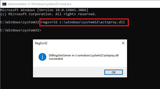 execute the regsvr command in cmd to resolve the no such interface supported error on windows 10/11 pcs